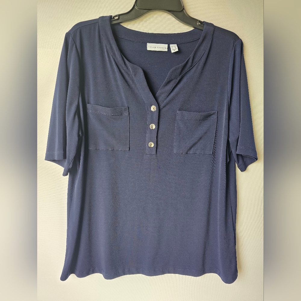 Susan Wraver Navy Short Sleeve Henley Top - Picture 5 of 16